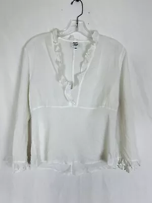 Women's Margaret O'Leary Linen Blouse Top Ruffle Bell Sleeve White Medium • $14.90