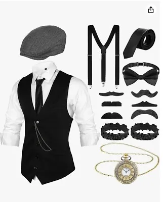 1920s Mens Gangster Vest Costume Accessories Set Halloween Cosplay Party Size L • £20.99