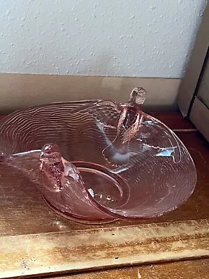 Vintage Light Pink Glass Bowl W Flying Bird Sides – 3.5 Inches High X 7.5 Across • $19.99