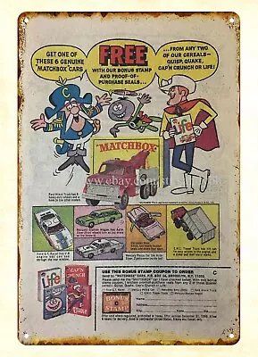 1969 MATCHBOX Quaker Cereal Premiums Quisp Quake Cap'n Crunch Metal Tin Sign • $18.95