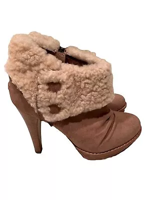 Ugg Georgette Ankle Booties Womens Size 8.5 Sheepskin Cuff High Heel Tan MintD14 • $53