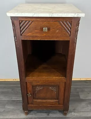 Carved French Antique Bedside Table Cupboard Cabinet With Marble Top (LOT 2898) • £249