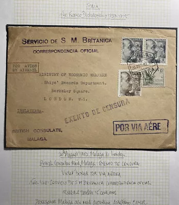 1942 Malaga Spain British Consulate Diplomatic  Cover To London England • $107.99