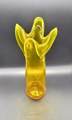 Vtg BLENKO Honey Yellow 4 Finger Fold Stretch Glas Art Pontiled Signed RARE UV • $124