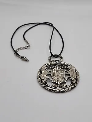 French Lion Crest Large Pendant Medallion Silvertone 2  18  Corded Necklace 1970 • $12.75