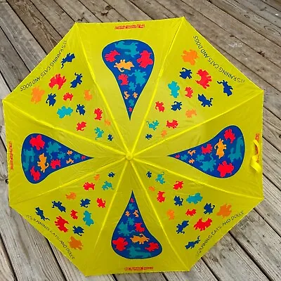 Vintage Umbrella Retro Mod Colorful Humane Society Raining Cats Dogs Yellow • $18.99