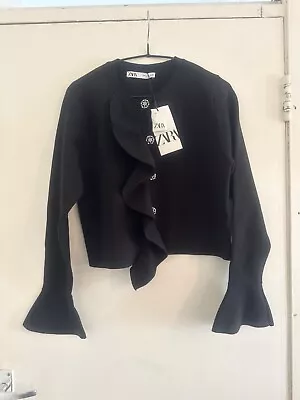Zara Colour  Black Cardigan With Ruffle And Diamond Button Size Large • £35