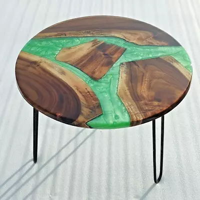 Epoxy Resin Coffee Table Solid Wood River Round Metallic Green Colour • $289