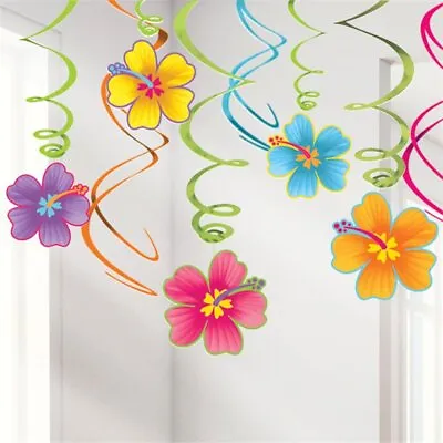 £4.45 • Buy 12 Hawaiian Luau Hibiscus Flower Garden Party Card  Hanging Swirls Decoration 