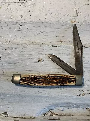 Vintage Made In USA Trapper Folding Hunter Dual Blade Pocket Knife~Unknown Maker • $10