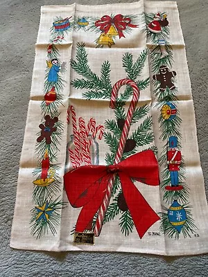 With Tag Vintage Kay Dee Hand Prints Linen Candy Cane Christmas Tea Towels • $25