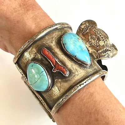 Big Old Turquoise Navajo Watch Cuff Thunderbird 8in Signed Munoz VTG 162g Wide • $499.94