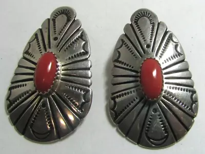 Vintage Navajo Signed JF Della & Francis James Sterling Silver Coral Earrings • $145