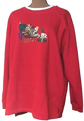 80s Christmas Sweatshirt 2X VTG  Grannycore Red Embroidered Sleigh Toys Tree • $14.68