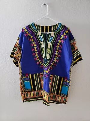 Unisex Blue African Dashiki Top. Multi Color. Short Sleeve. 100% Cotton • $7.98