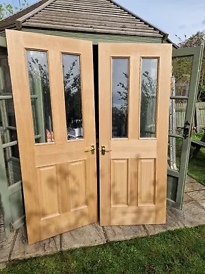 Oak Victorian 4 Panel Internal Double Doors With 2 Glass Panels • £89