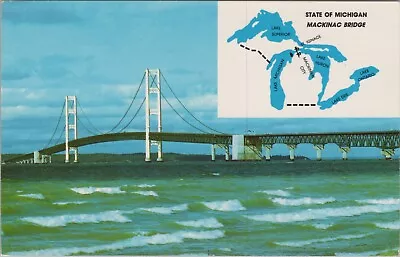 Mackinaw City MI Mackinac Bridge Lake Map Inset Michigan Postcard UNP B4389.4 • $3.65