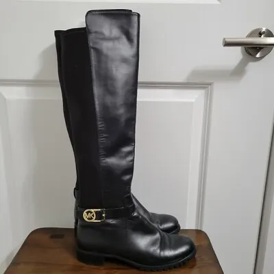 Michael Kors Women's Knee High Tall Leather Black Riding Boots Logo  - Size 8.5 • $60