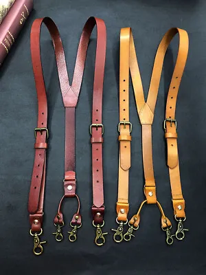 0.9  Width Men Genuine Leather Suspender Strap Y Back Belt Loop 4 Snap Hooks • $35.99