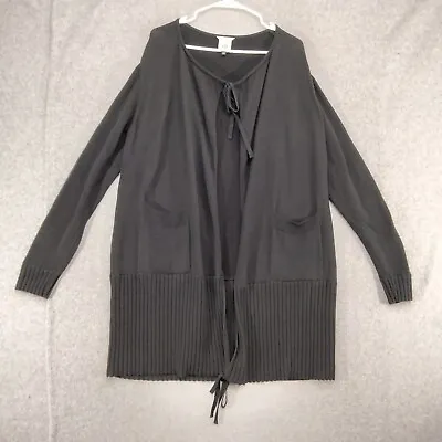 Cabi Cardigan Sweater Womens Size L Black Long Open Front Tie Collar Pockets • $23.95