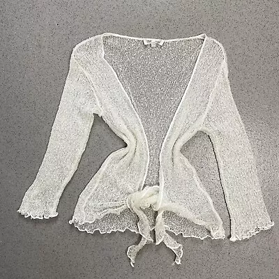 Vintage White Open Mesh Knit Lettuce Hem Y2K 00s Witchy Shrug Cardigan One Size • $14.94