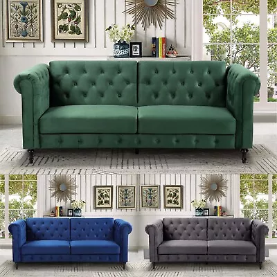 Chesterfield Sofa Bed 3 Seater Grey Blue Green Velvet Sofabed Button Detail • £334.99