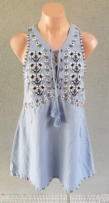 $37.90 • Buy ❤️ TIGERLILY Cotton Lace Up A-Line Dress Blue Print Size 6 Buy7=FreePost L045