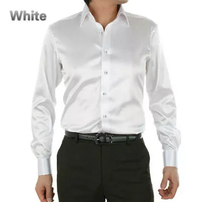 Men's Long Sleeve Business Formal Casual Top Classic Artificial Satin Silk Shirt • £34.22