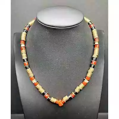 Vintage 1970’s Coil Beaded Shell Heishi & Red Coral Necklace + Amber Bead • $55