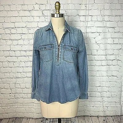 Madewell Womens Denim Popover Shirt Blue Chambray 1/2 Zip Neck Pockets Size XS • $20