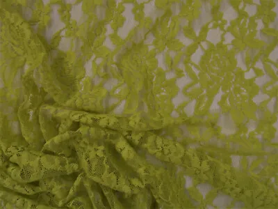 Embroidered Stretch Lace Apparel Fabric Sheer Floral Chartreuse Green TT207 • $2.99