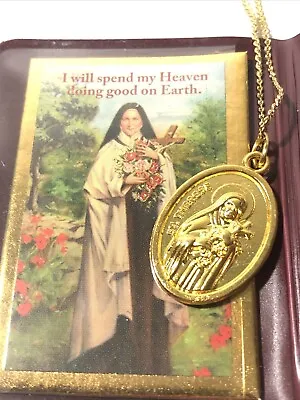 Vintage Gold Tone St. Therese Prayer Medallion Necklace-Oval Pendant Charm. • $16