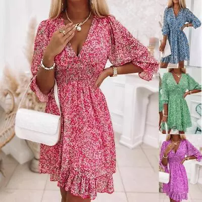£11.99 • Buy Womens V Neck Holiday Dress Swing 3/4 Sleeve Ladies Tropical Tunic Sundress