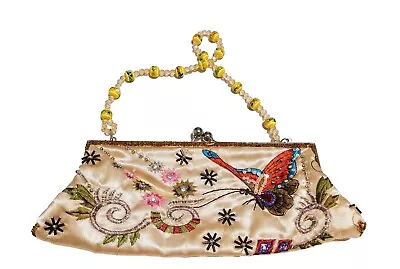 Vintage Butterfly Garden Embroidered Yellow Colorful Small Purse • $12