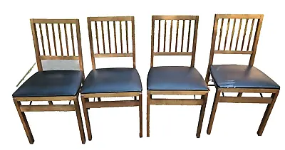 Stakemore Mid Century Wood Folding Chairs Black Padded Seat X4 • $212.49