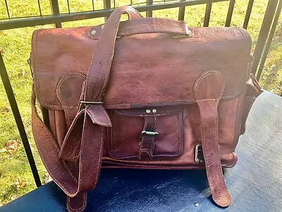 Vintage Brown Oiled Distressed Leather Briefcase Messenger Bag With Strap 18x14” • $49