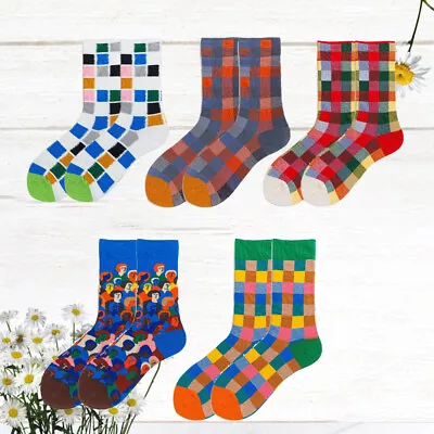  5 Pairs Plaid Cotton Socks Knee-High Christmas Toe Personality Vintage • $19.95