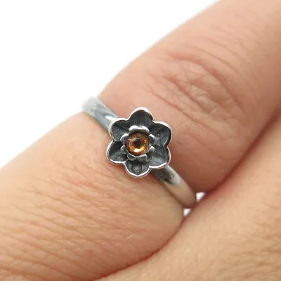 925 Sterling Silver Vintage Yellow Rhinestone Floral Blossom Ring Size 4.25 • $19.95