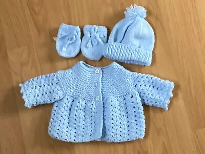 Baby New Hand Knit/crochet  Cardigan/matinee Coat Hat And Mitts   NEWBORN • £16