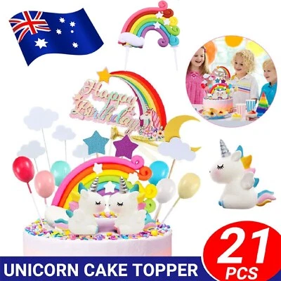 21pcs Unicorn Cake Topper Kit Cloud Rainbow Happy Birthday Banner Decorations • $15.99