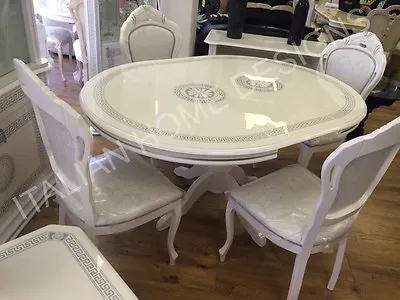 £1350 • Buy Versace Design White/silver Italian High Gloss Round Dining Table 4 Fabric Chair