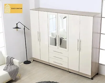 Large 6 Door Mirrored HIGH GLOSS WHITE Fitment Wardrobe 3 Drawer FREE SHIPPING • £469.99