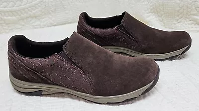 Merrell Air-Cushion Espresso Brown Suede Leather Walking Moc Shoe Slip-On Womens • $25