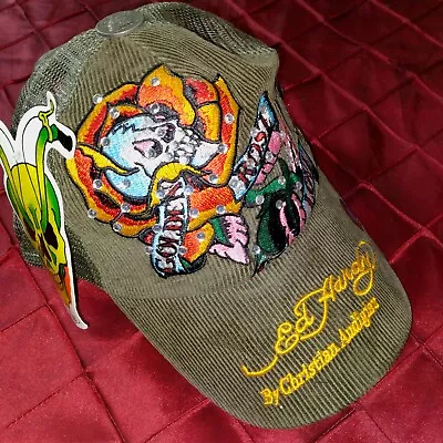 New NWT Rare US ARMY Olive Drab ED HARDY Green RHINESTONE Meshy TRUCKER Hat CAP • $25