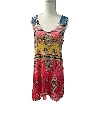 VOCAL Open Knit Aztec Rhinestones Embellished Tank Dress Swim Cover Up • $36