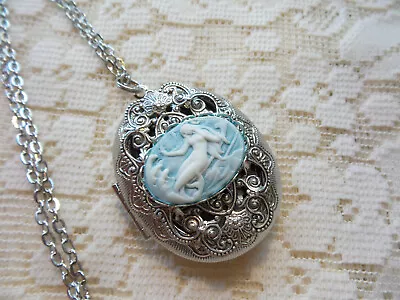 Silver Plated Filigree Victorian Mermaid Cameo Locket Necklace 24  Blue • $36.99