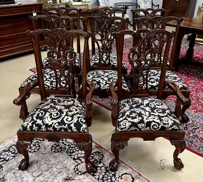 Set Of 8 Chippendale Solid Mahogany Dining Chairs Ball And Claw Damask • $2795