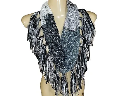 NEW Hand Knitted Black Gray White Ombre Infinity Boho Cowl Scarf Fringe Knit • $30.79