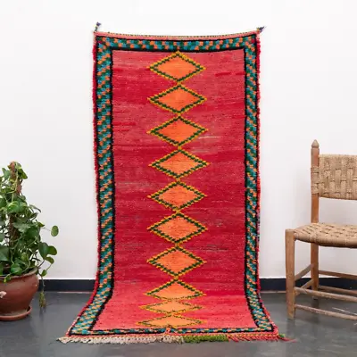3×7  Moroccan Handmade Vintage Red Boucherouite Runner Berber Rag Rug Boho • $343.40
