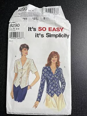 Vintage 1994 Simplicity So Easy Sz A 8-18 Blouse Shirt Top Pattern 9290 FF Uncut • $5.99